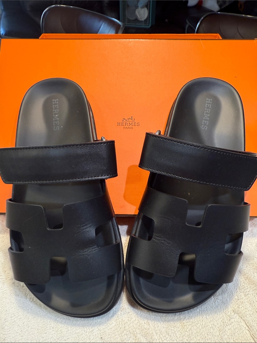 Hermes Black Leather H Slide Double-Strap Sandals